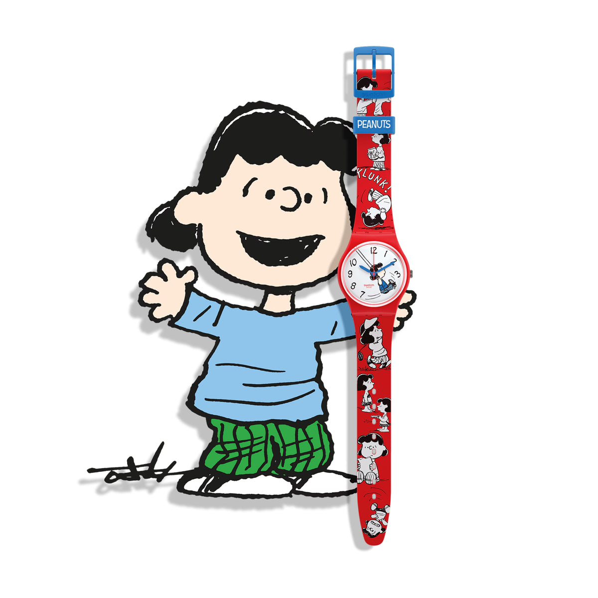 Peanuts silicone quartz watch on wrist, red strap with character prints and white dial