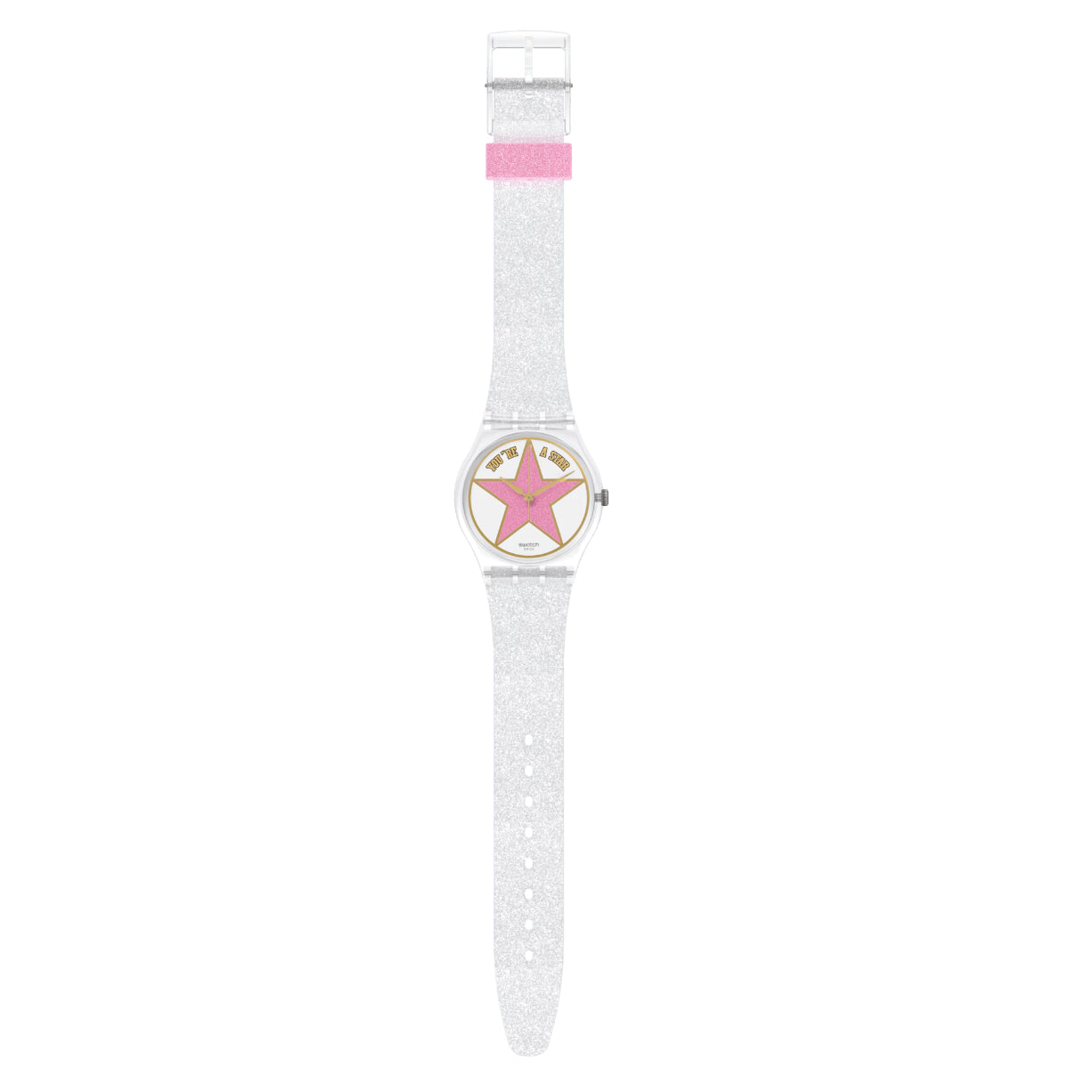 Pink star dial quartz watch with clear strap and glittery light silicone band