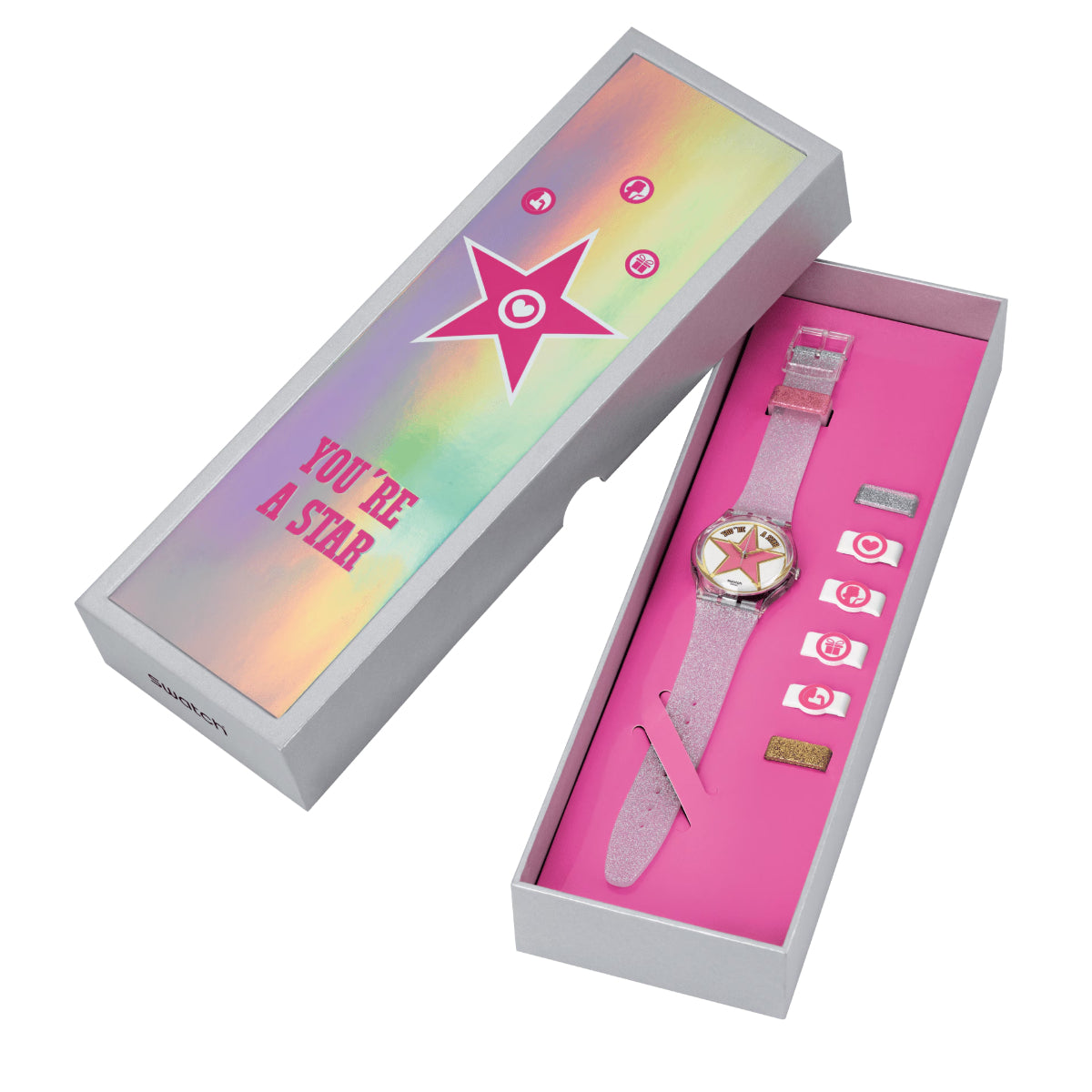 Ladies quartz watch in box with pink star dial and clear pink silicone strap