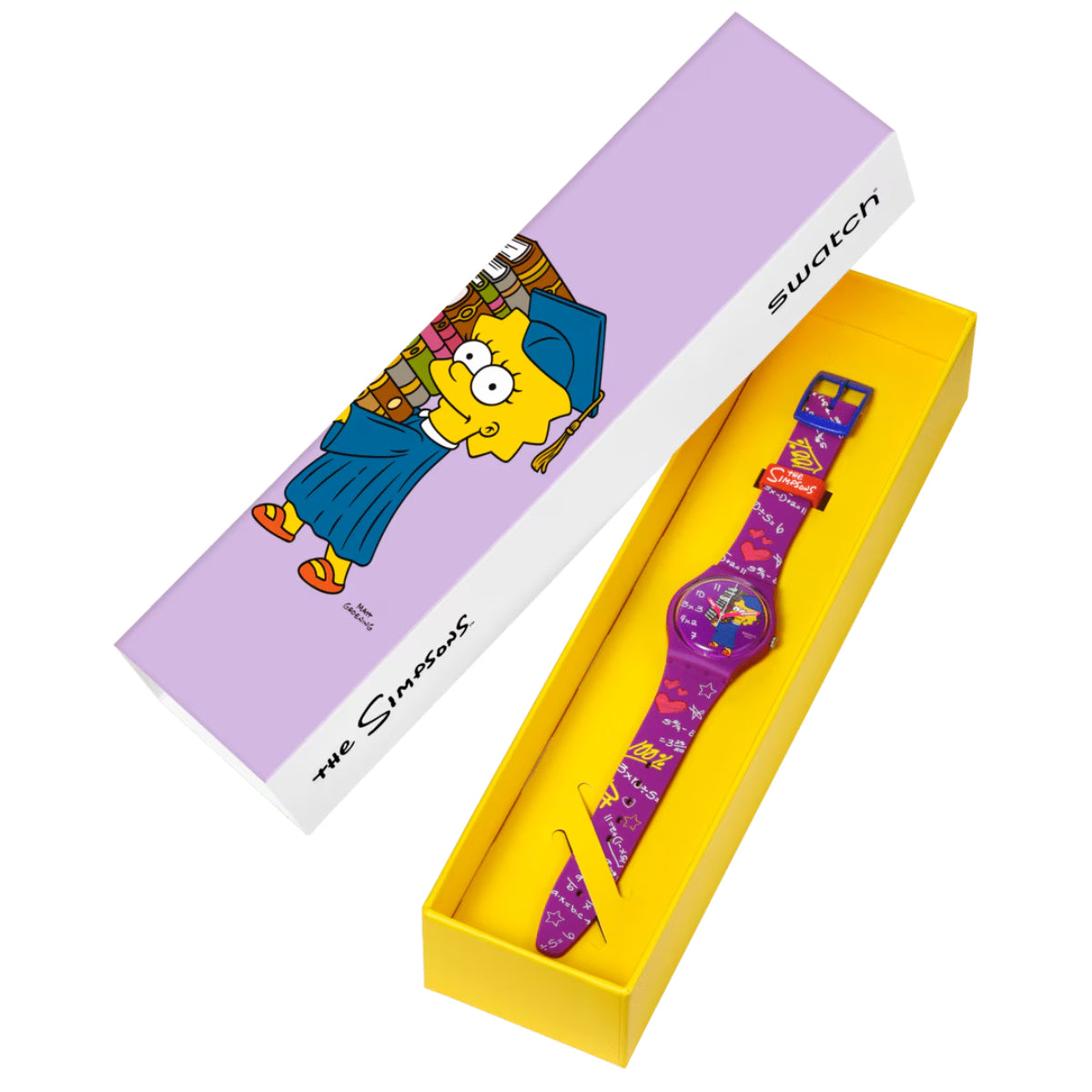 Purple Swatch Simpsons watch with Lisa dial, silicone strap with hearts and stars in box