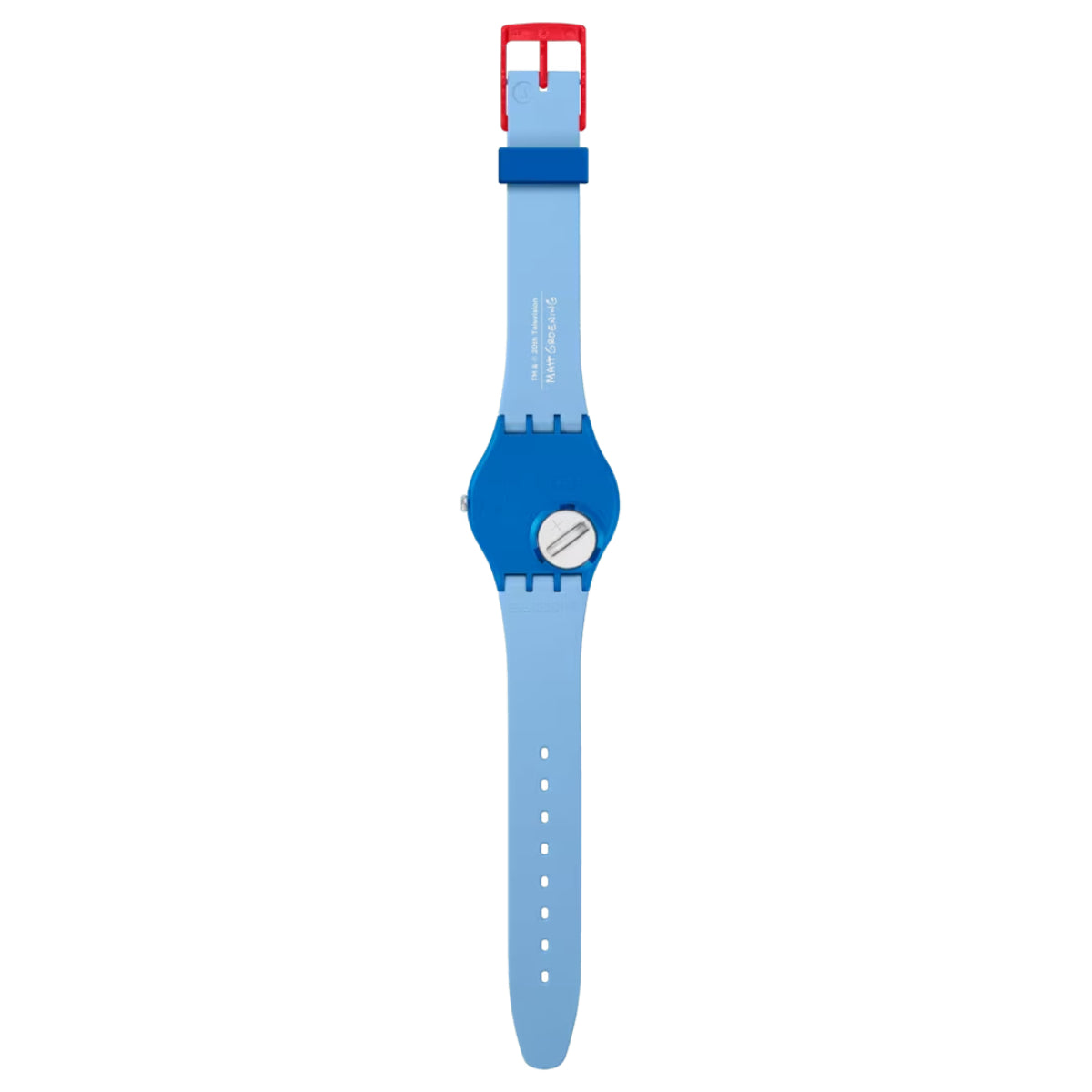 Blue silicone watch strap with round case and red buckle top