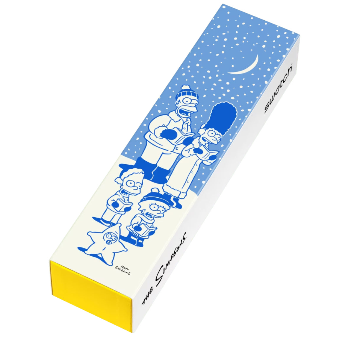 Blue-and-white watch gift box with character illustration and blue dial window