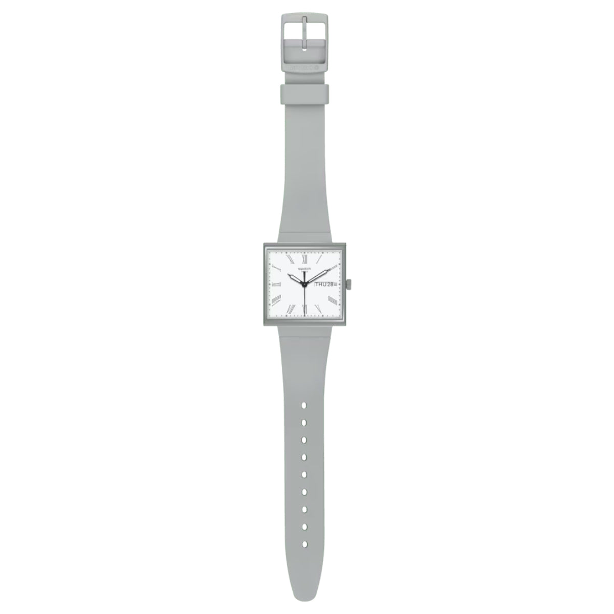 Square-faced watch with white dial and gray bioceramic strap, buckle at top