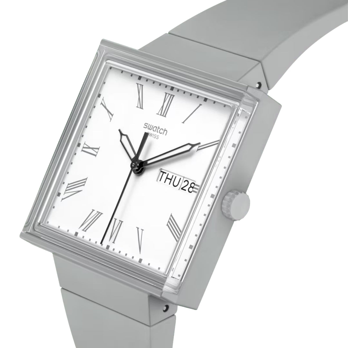Square watch face with white dial, Roman numerals, black hands, gray case