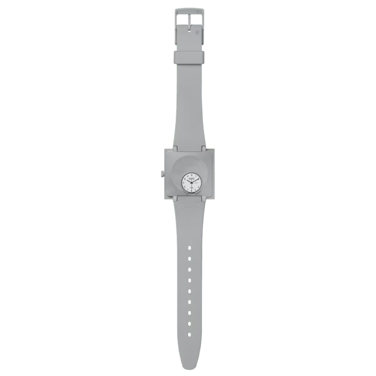 Square watch with white dial and gray strap, crown on the right side