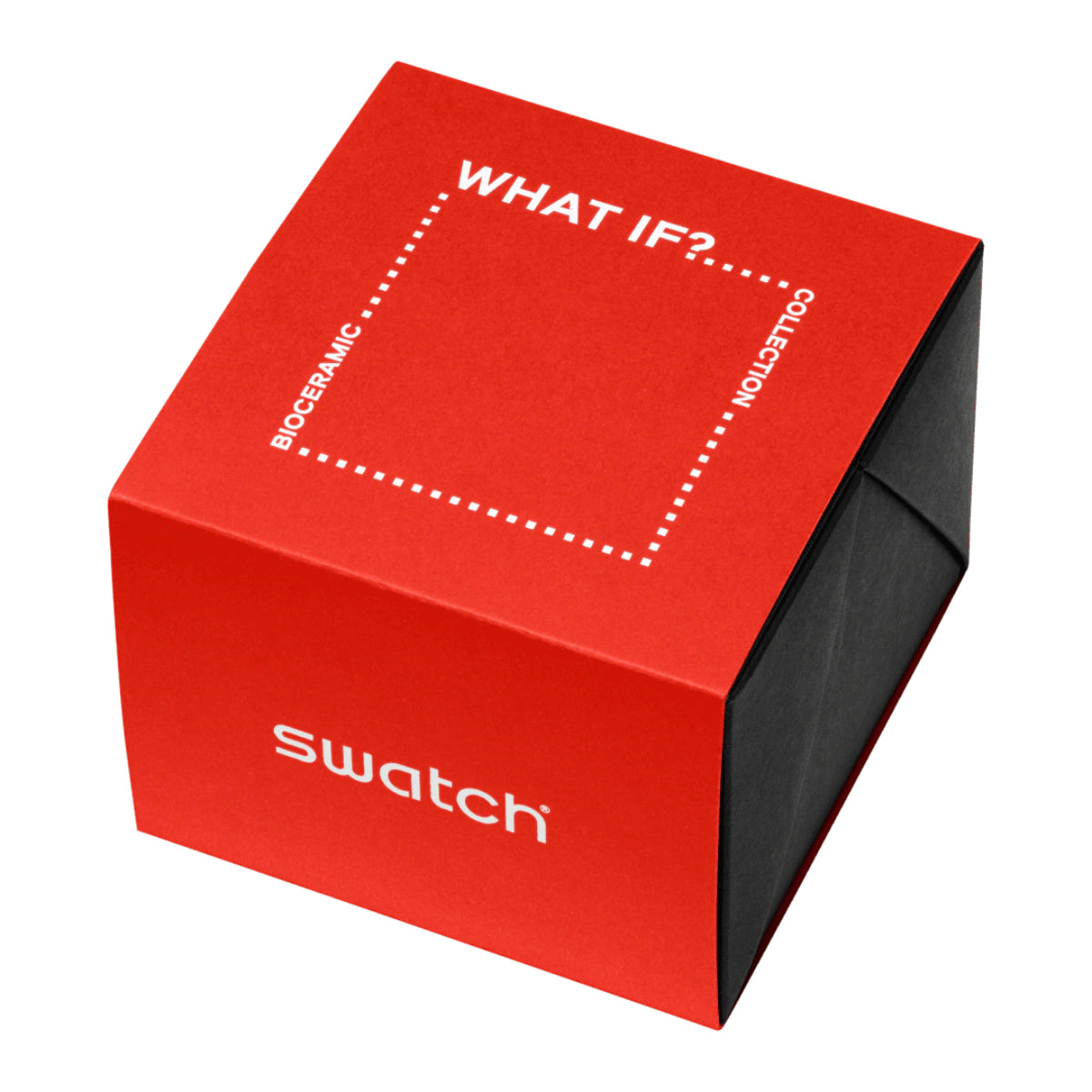 Red Swatch watch box with “WHAT IF...GRAY?” label graphic
