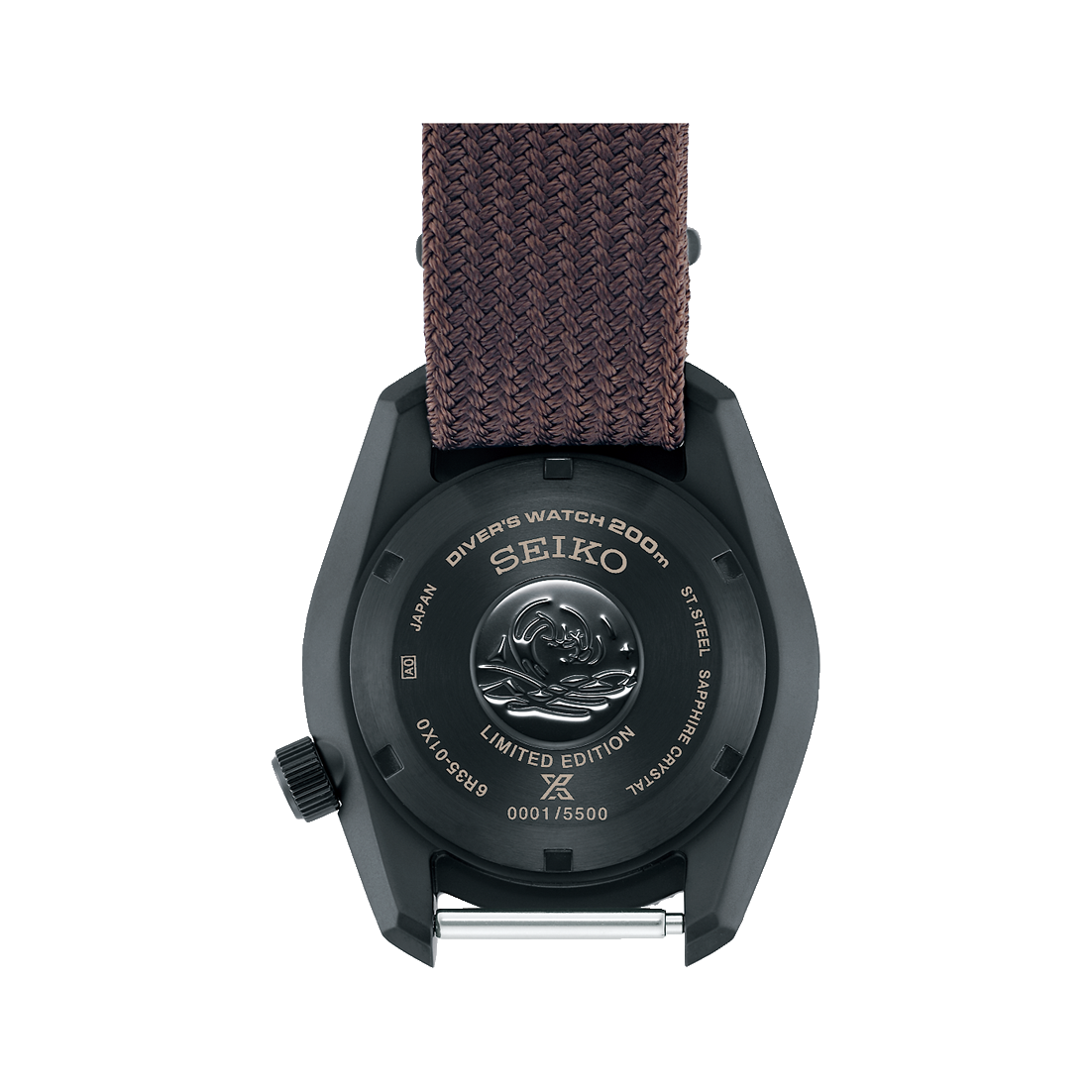 Seiko men's diver watch caseback with brown woven textile strap, black case
