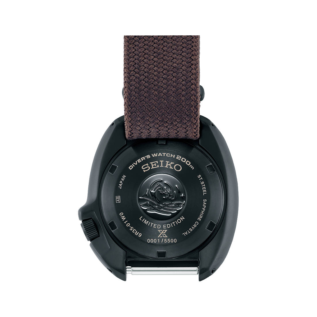 Black case watch back with diver emblem and brown woven textile strap