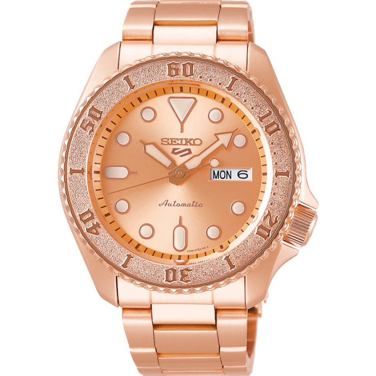 Seiko 5 Sports SRPE72K1 rose gold dial front view