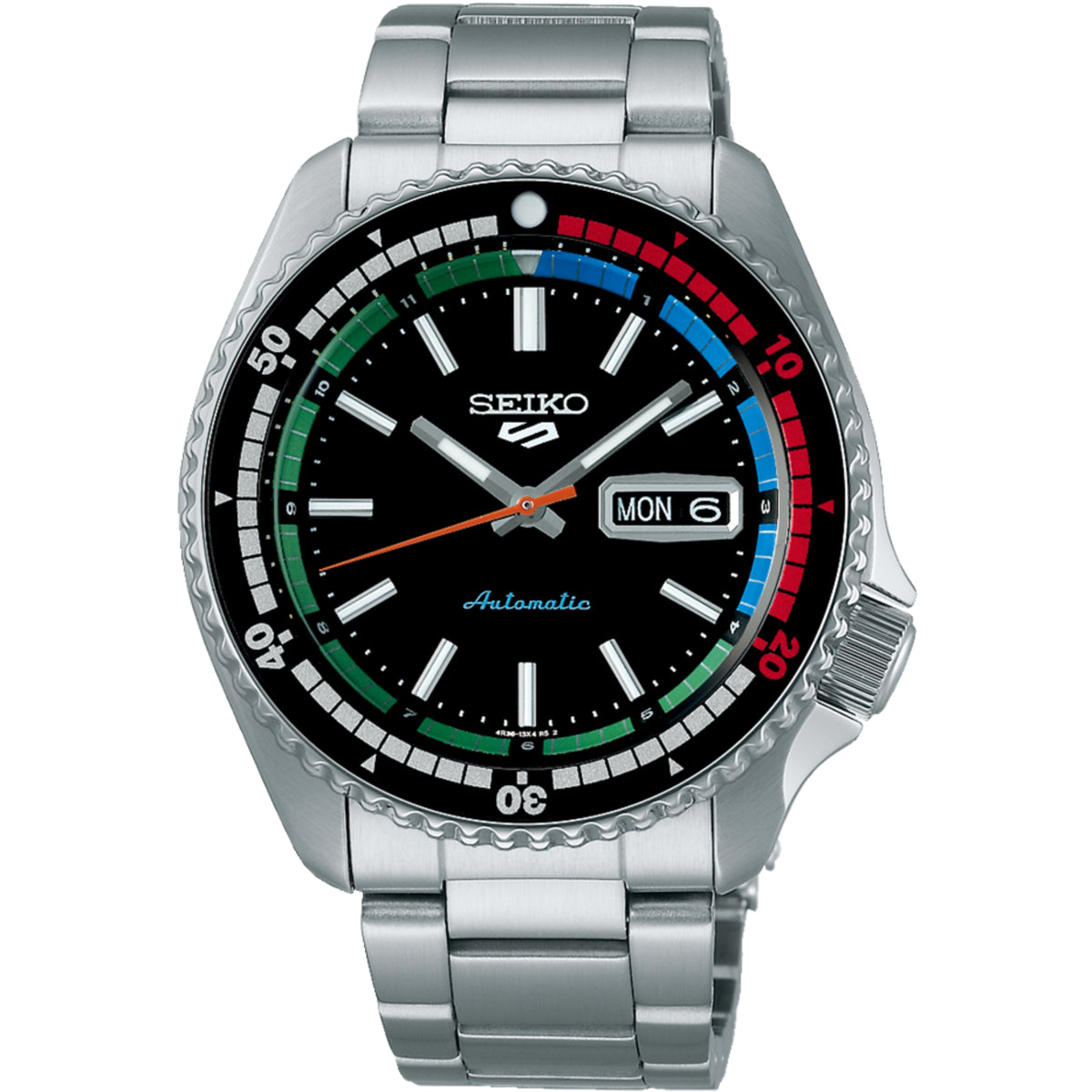 Seiko men's automatic diver watch with black dial, multicolor bezel, day-date window