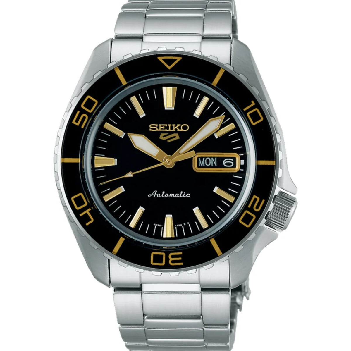 Front view of the Seiko 5 Sports SKX watch SRPK99K1, showcasing its black dial, gold accents, and stainless steel bracelet.