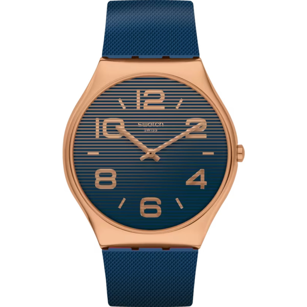 Swatch quartz watch with blue dial, gold-tone case, dark blue rubber strap