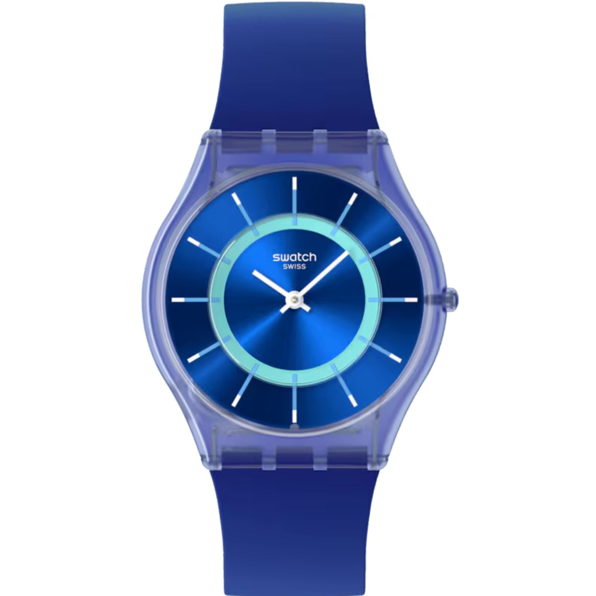 Blue silicone strap Swatch watch with blue dial and light blue bezel, analog hands