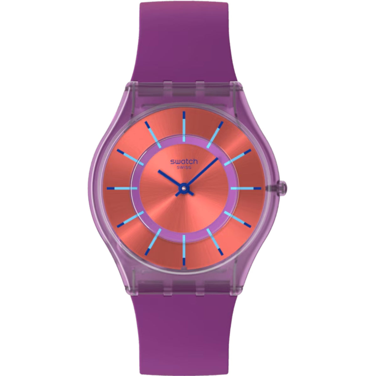Silicone strap watch with purple strap and round orange-red dial, blue hour markers