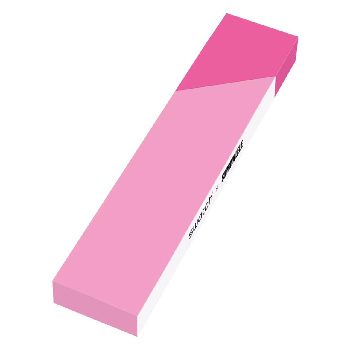 Swatch watch gift box with pink sleeve, angled view