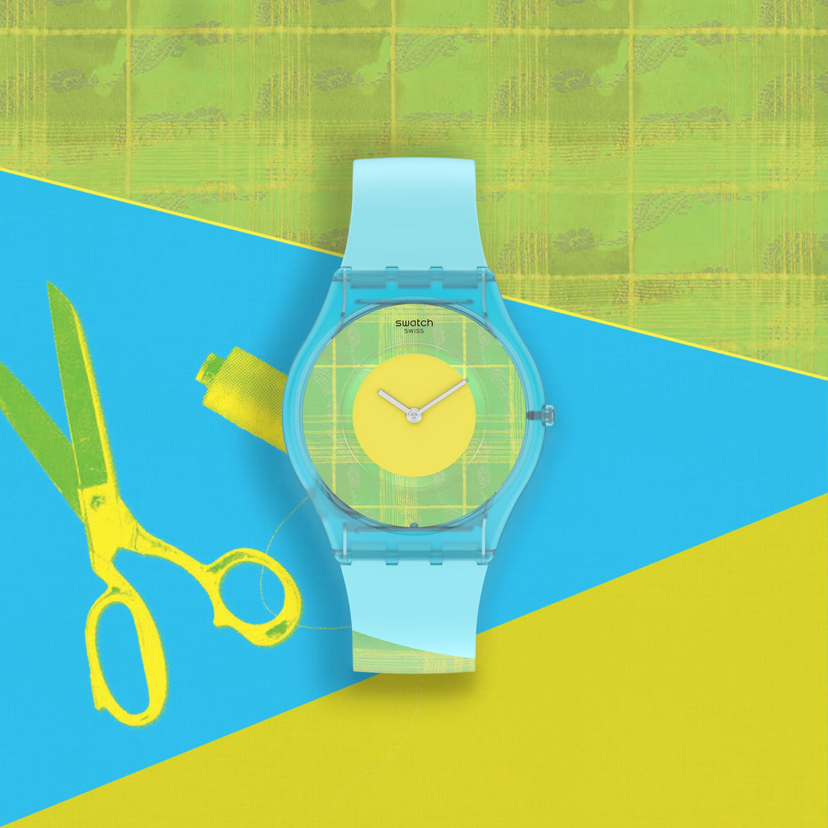 Swatch silicone strap watch, light-blue case with lime-yellow grid dial and markers