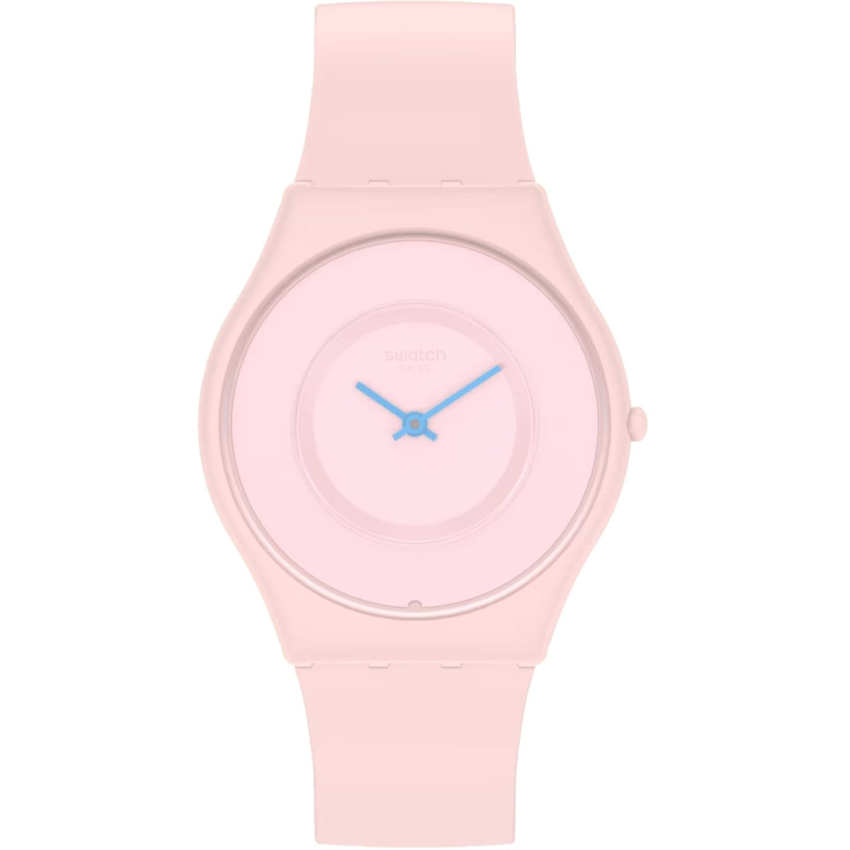 Pink silicone strap quartz watch with round pink dial and blue hands