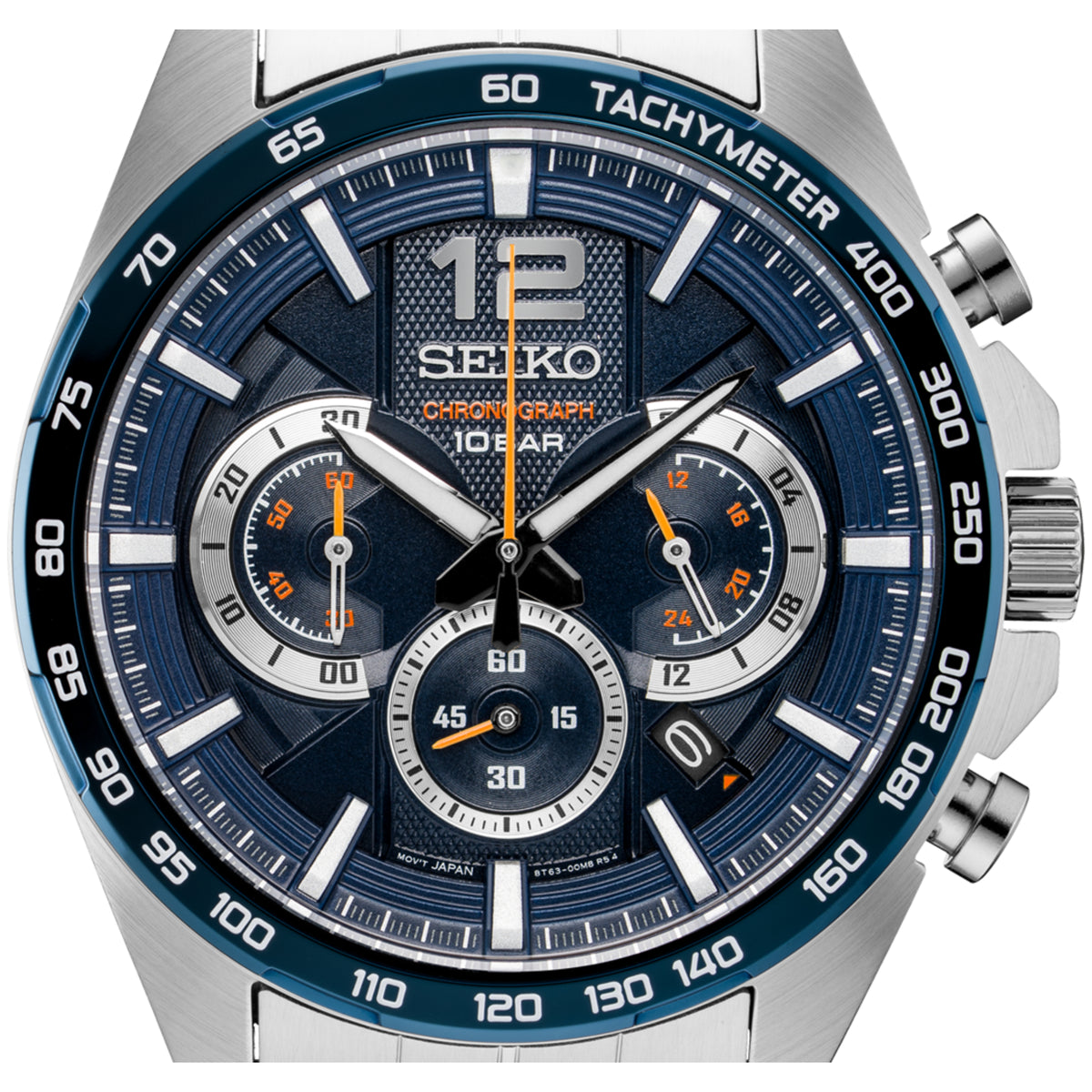 Close-up of Seiko SSB345P1 chronograph blue dial showing sub-dials, tachymeter bezel and orange accents