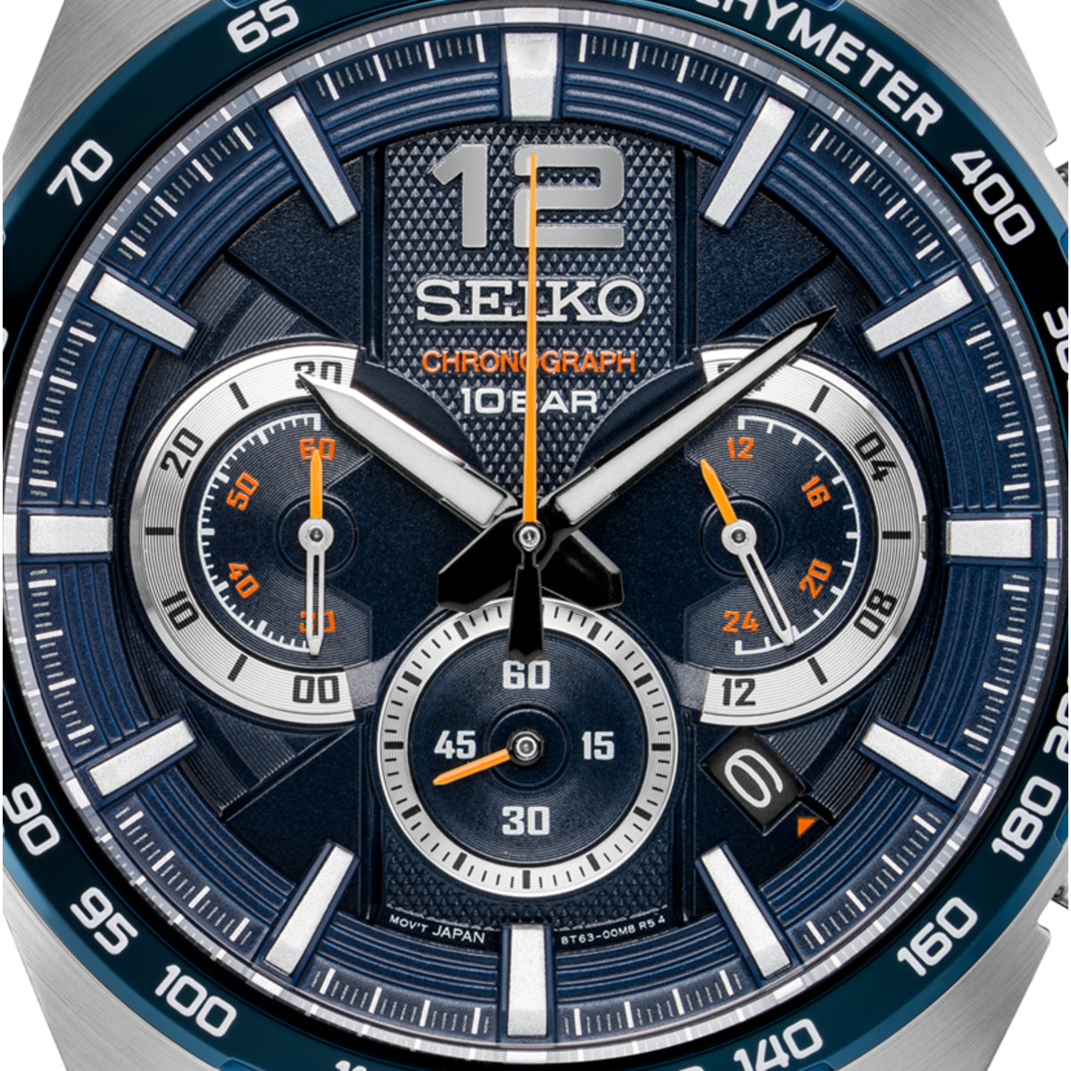 Seiko Essentials SSB345P1 44mm blue dial chronograph stainless steel watch close-up