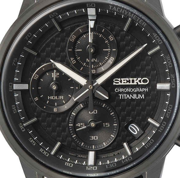 Close-up of Seiko Essentials SSB393P1 mens watch showing sub-dials and textured black dial