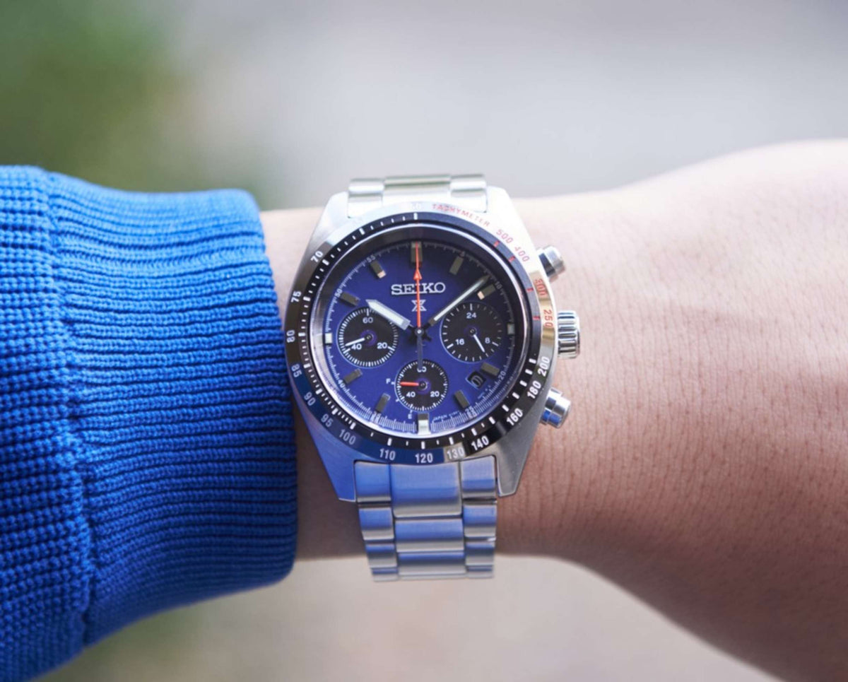Seiko Prospex Speedtimer chronograph watch close-up on wrist, steel bracelet