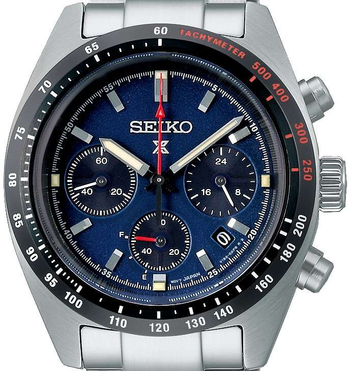 Close-up Seiko Prospex Speedtimer blue dial chronograph with steel case and bracelet