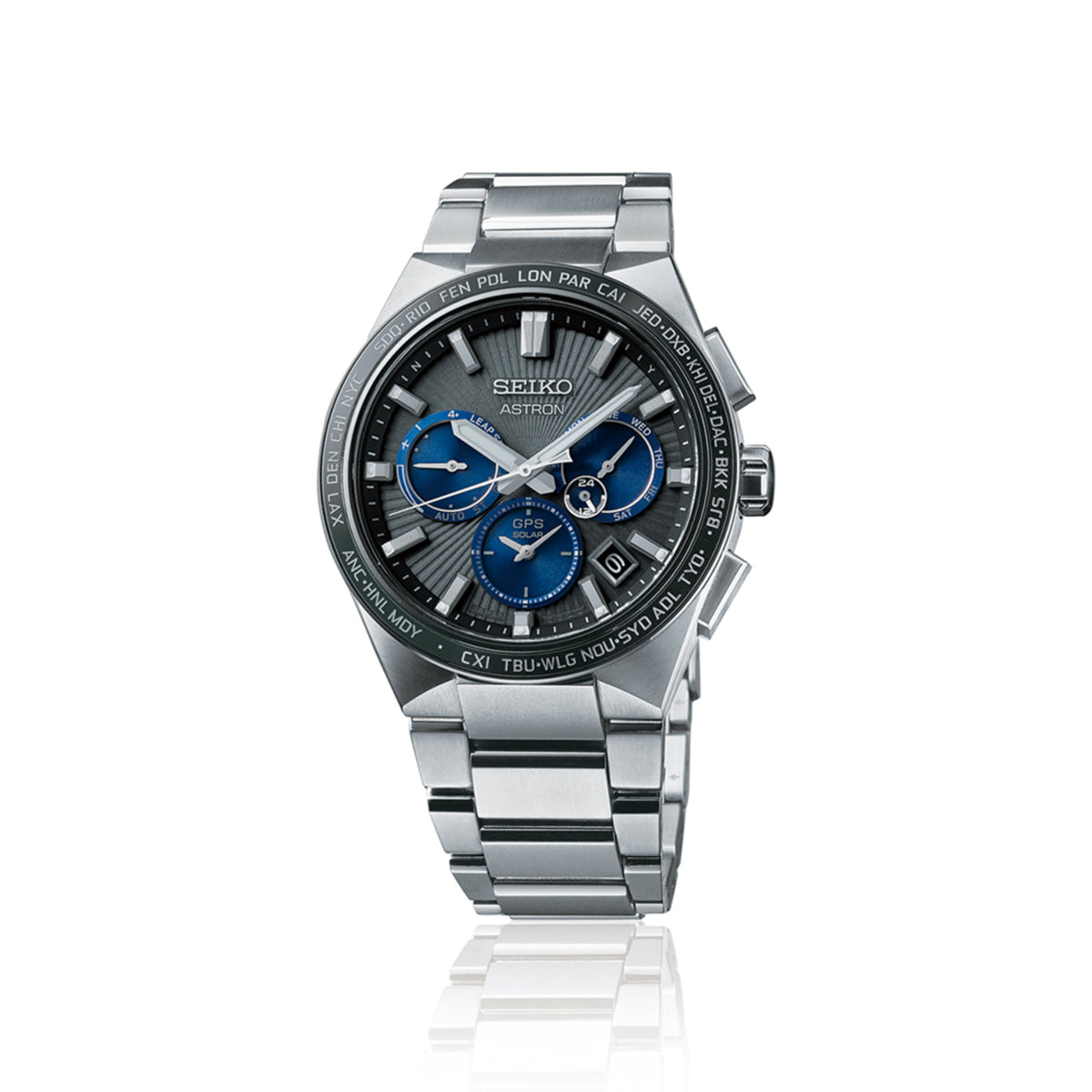Seiko Astron SSH119J1 watch with a silver bracelet and black face on a white background