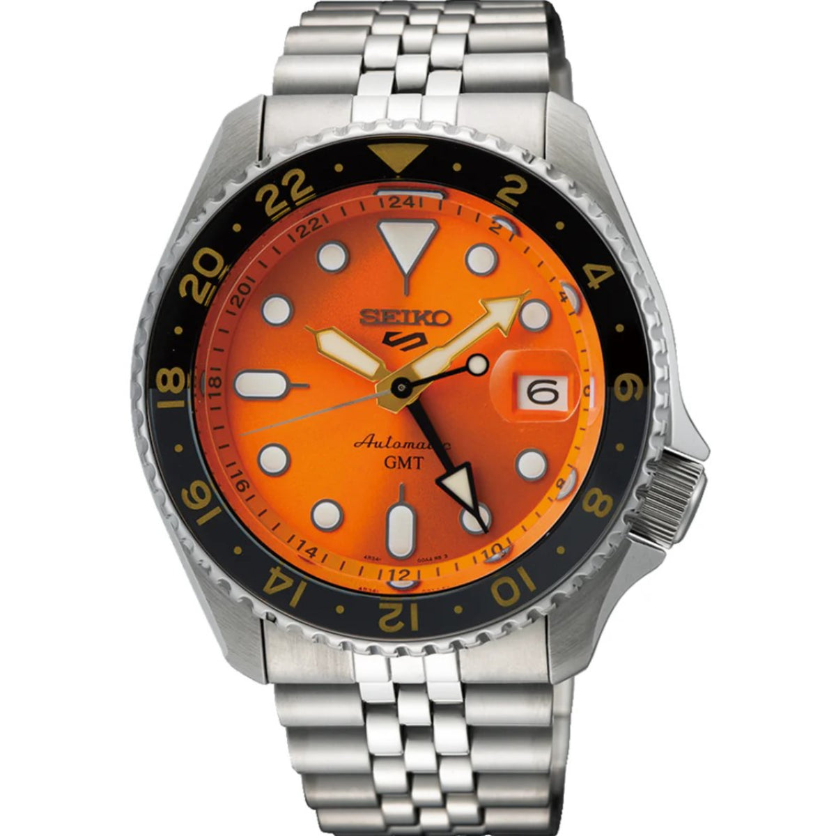 Men's Seiko GMT watch with orange dial, black bezel, and stainless-steel bracelet