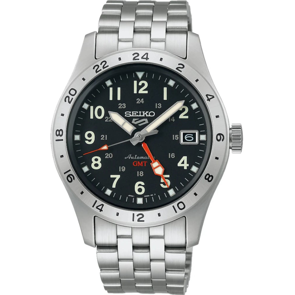 Seiko 5 Sports Field Deploy Mechanical GMT SSK023K1 black dial front view