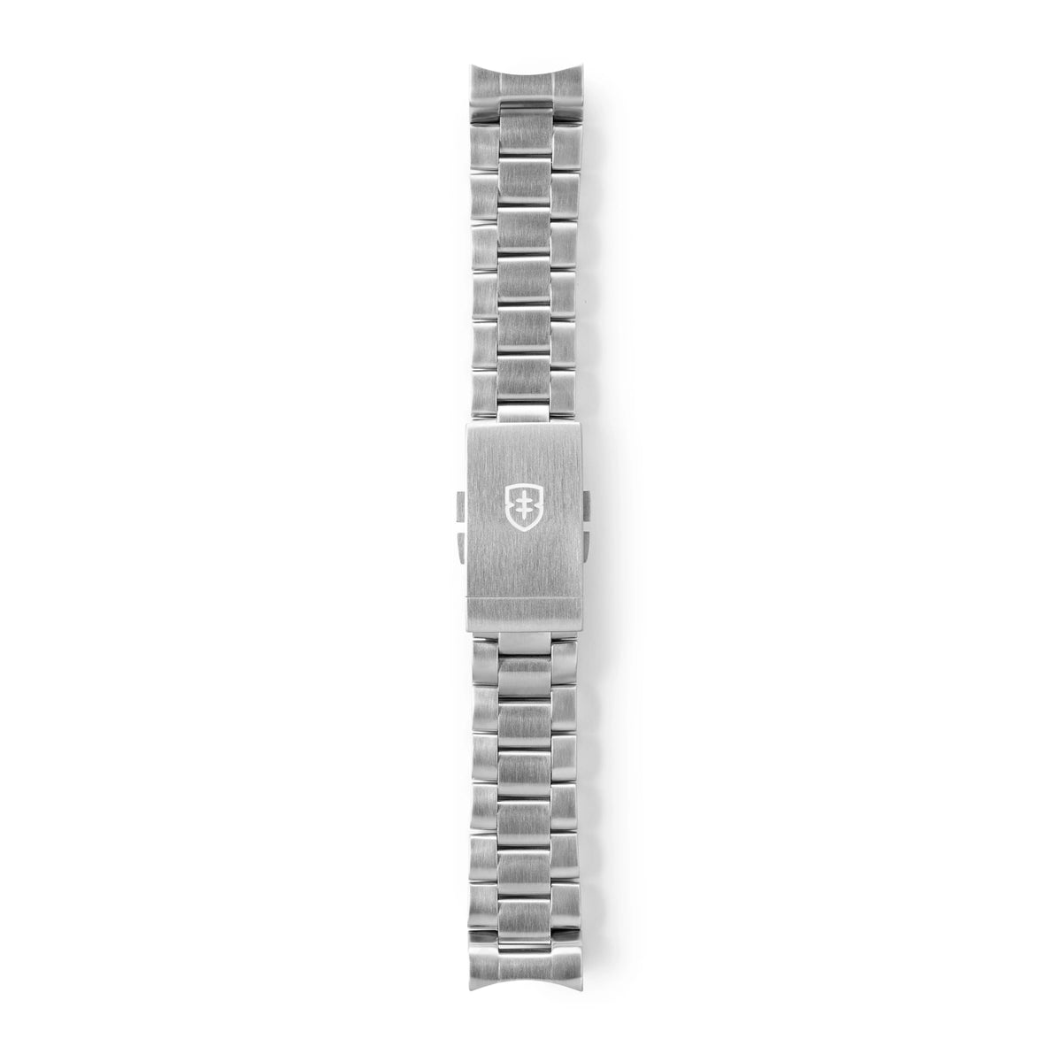 Stainless steel diver watch bracelet in side view with ridged links