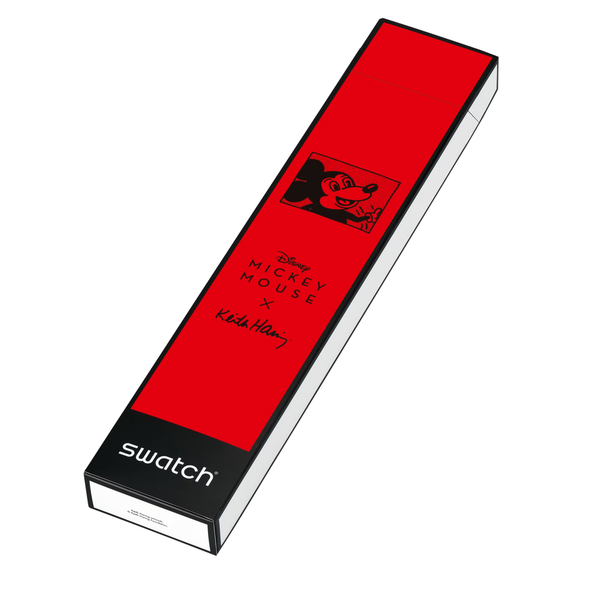 Red Swatch Mickey Mouse watch box packaging with brand and text