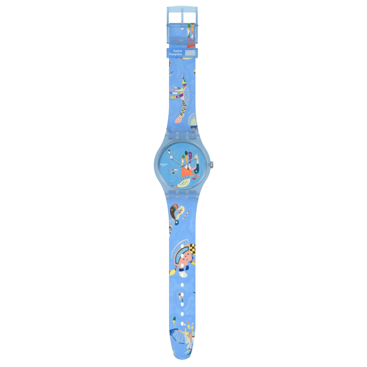 Blue silicone wristwatch with light-blue dial and colorful abstract scene