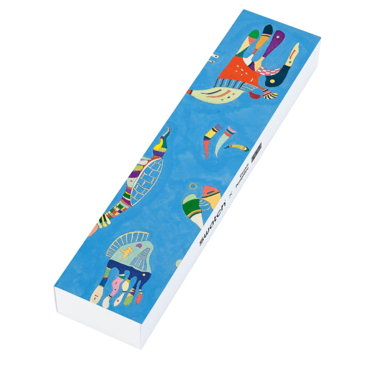 Blue watch box with colorful abstract artwork on the lid