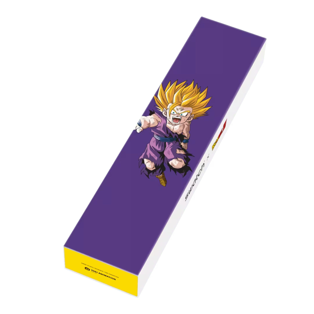 Silicone quartz watch in purple sleeve with character art and blue dial on strap