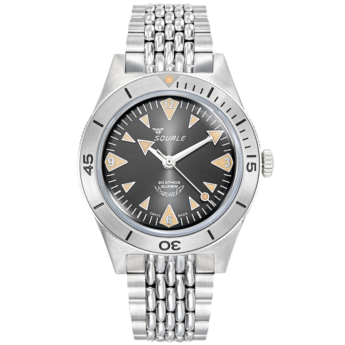 Men's automatic watch with black dial, steel bracelet, and triangular hour markers