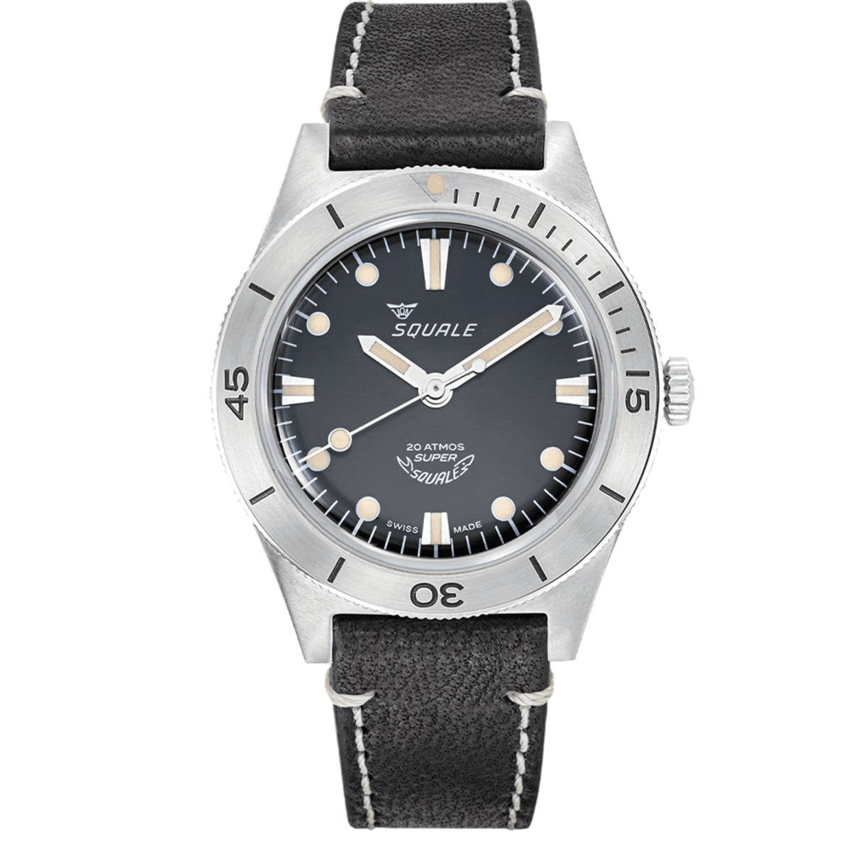 Men's automatic watch with black sunray dial, leather strap, silver-tone case