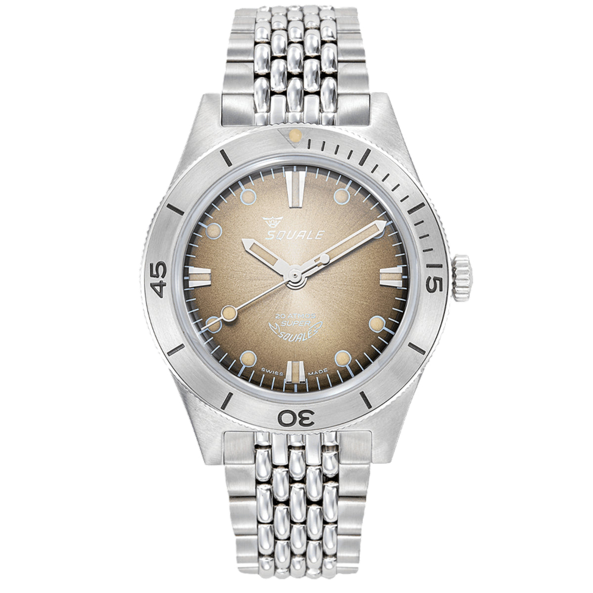 Men's Squale automatic watch with brown sunray dial, steel bracelet, and round steel case