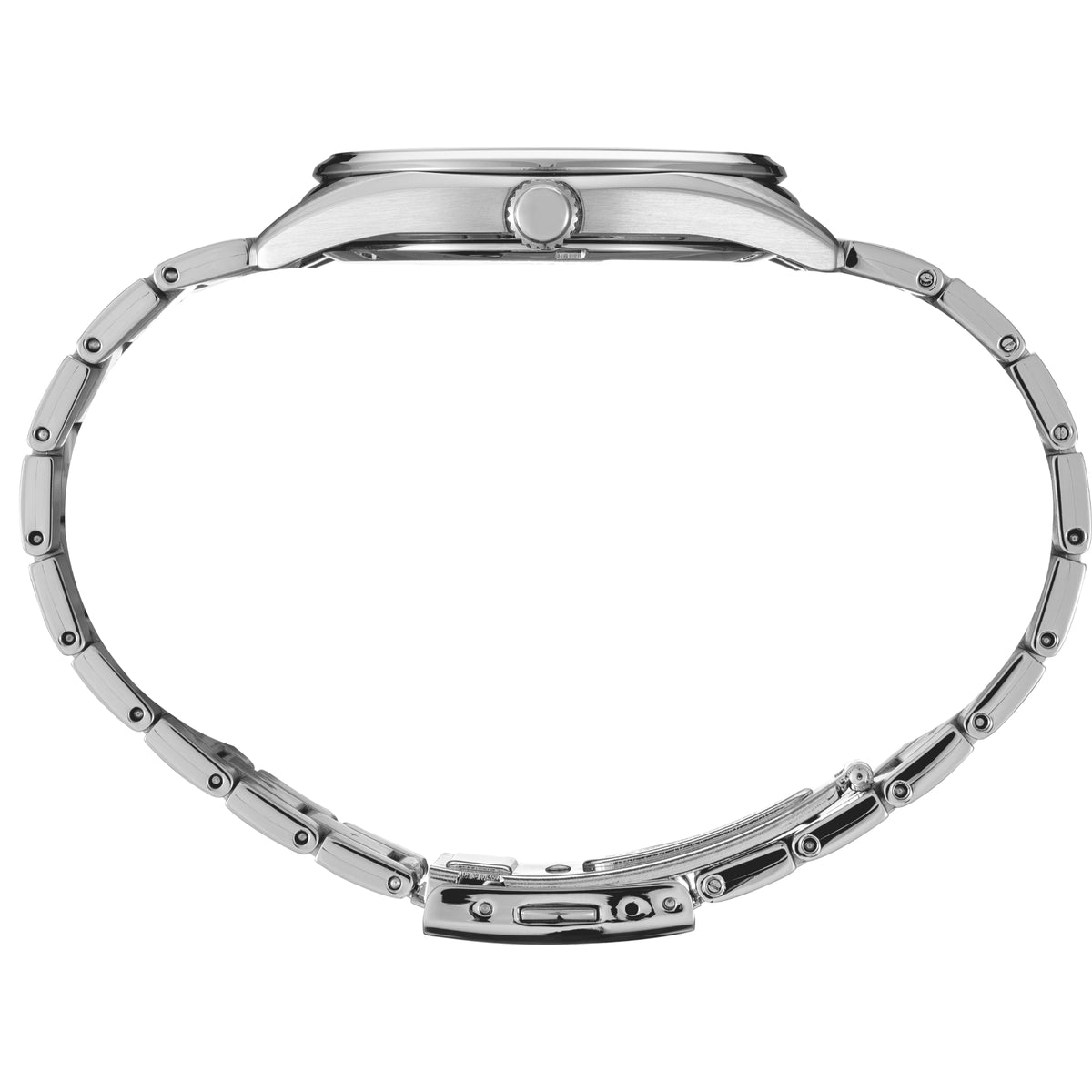 Seiko Essentials SUR373P1 watch with full titanium bracelet laid out showing case profile