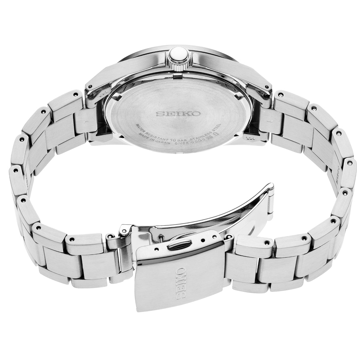 Rear perspective of the Seiko Essentials SUR503P1 mens quartz timepiece showing the back casing, open clasp, and metal link bracelet