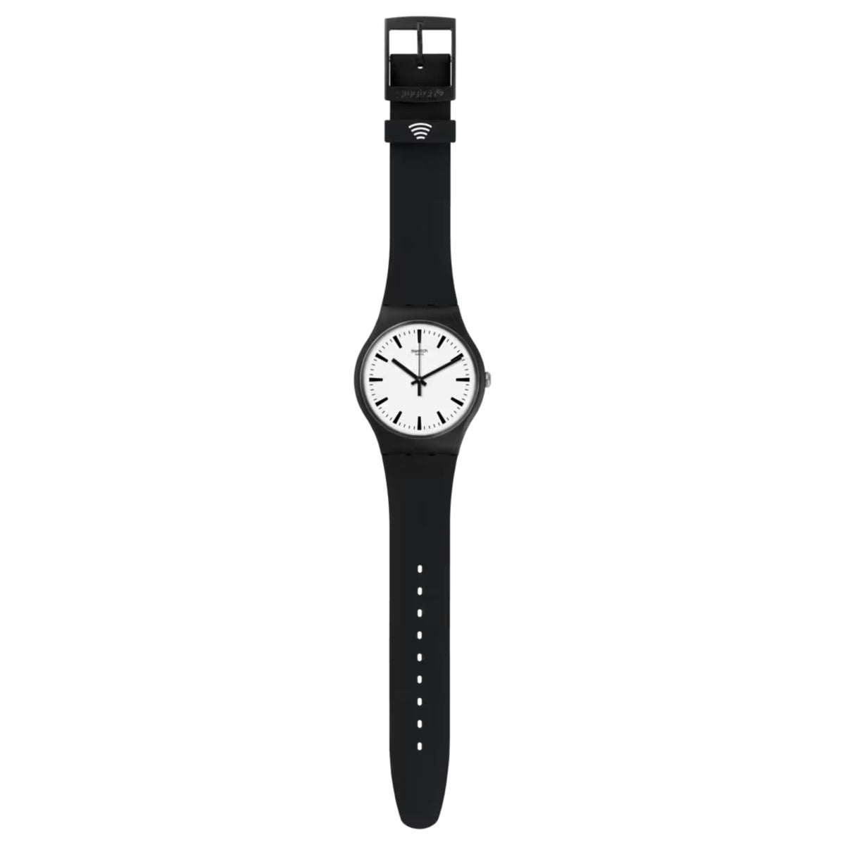 Black silicone strap watch with white dial, buckle and stitched strap detail