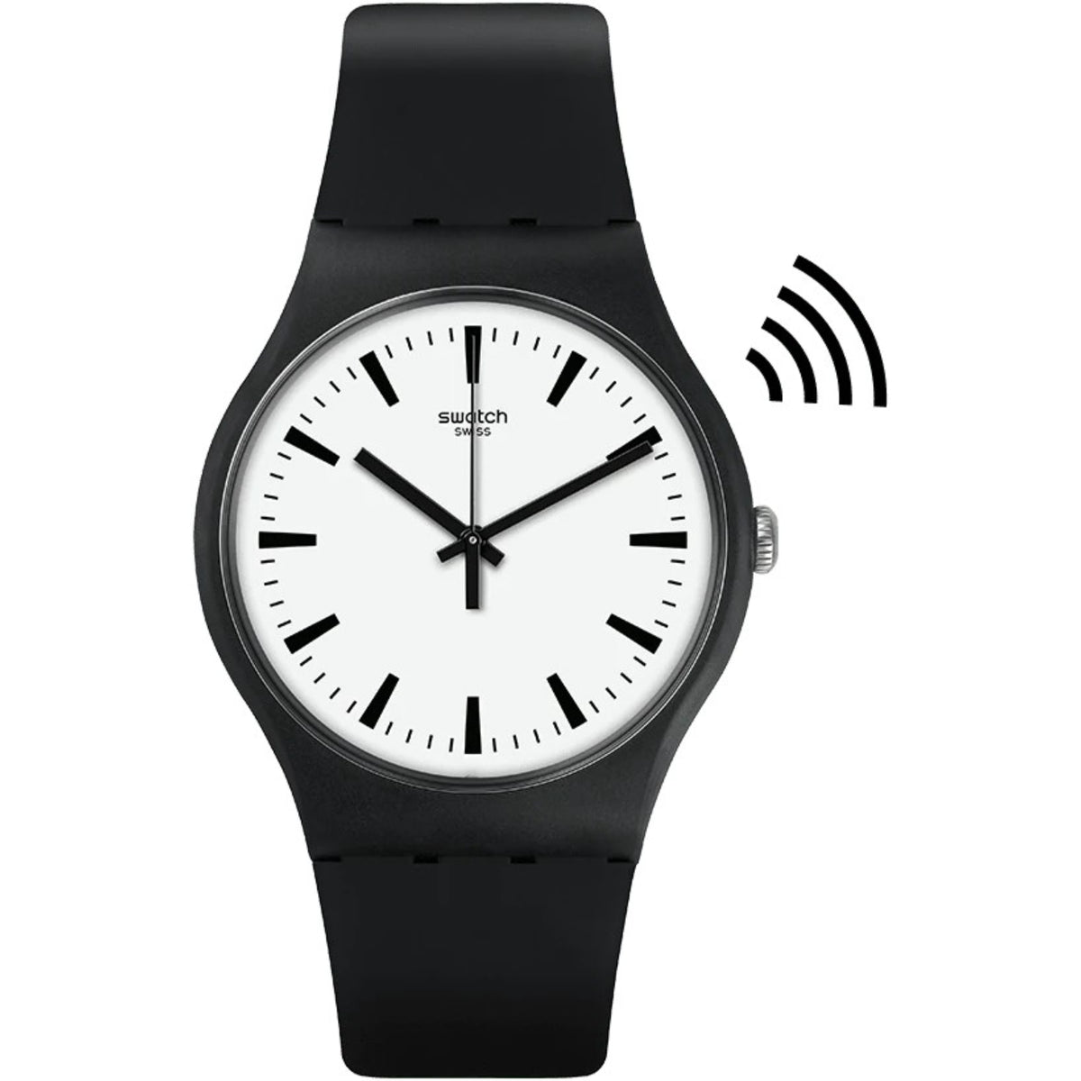 Black silicone strap analog watch with white dial and NFC signal icon