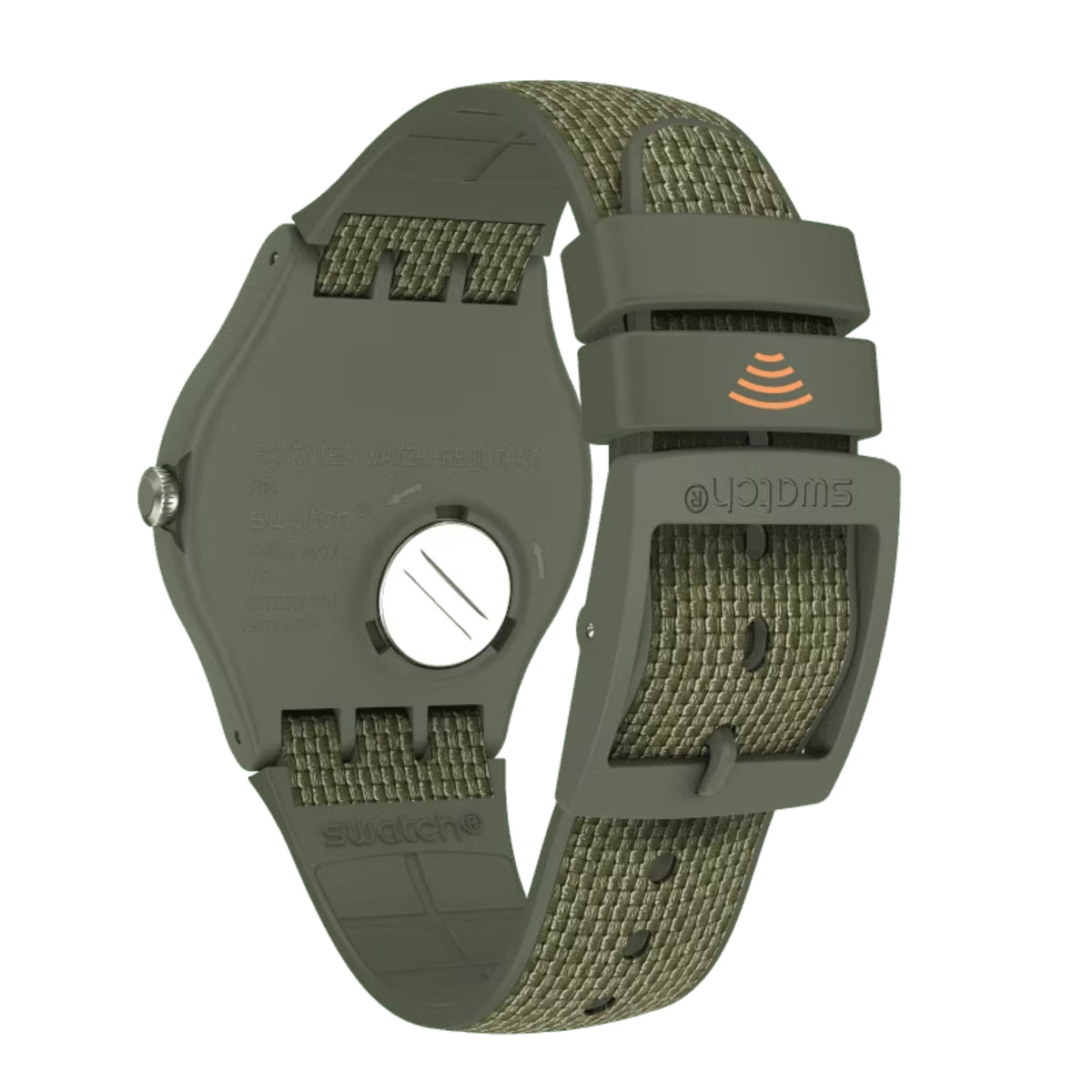 Green quartz wristwatch showing side profile and green silicone strap with buckle detail