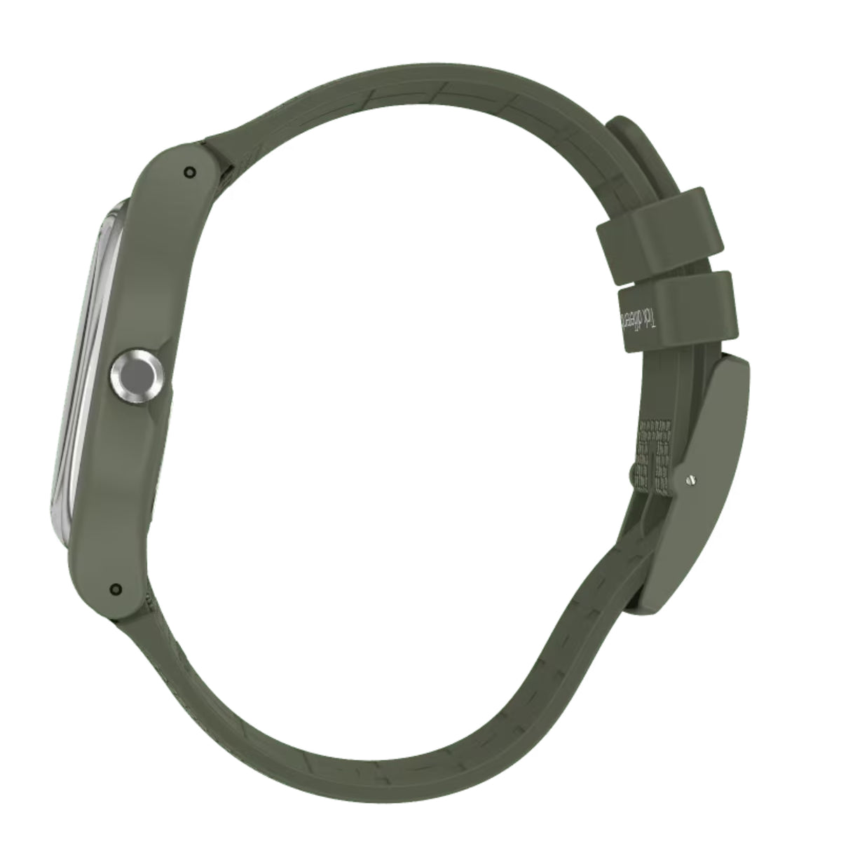 Green quartz wristwatch with green silicone strap and round case side with crown