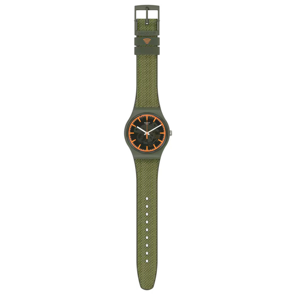 Green quartz wristwatch with dark dial, orange accents, and long green silicone strap