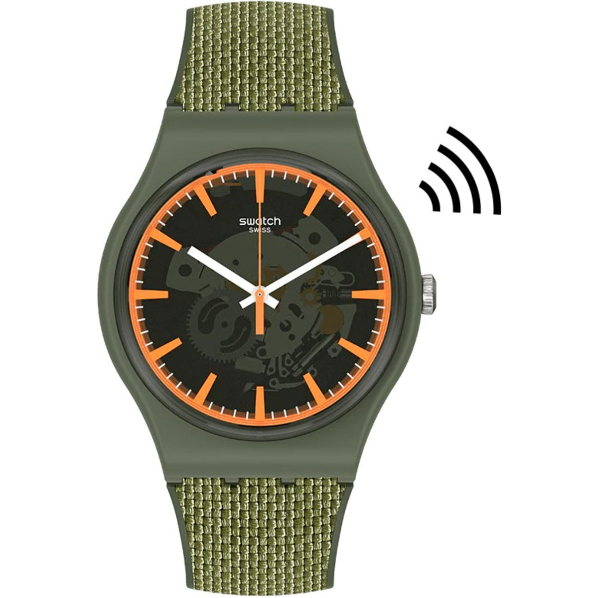 Green quartz wristwatch with dark dial, orange bezel markers, and green silicone strap