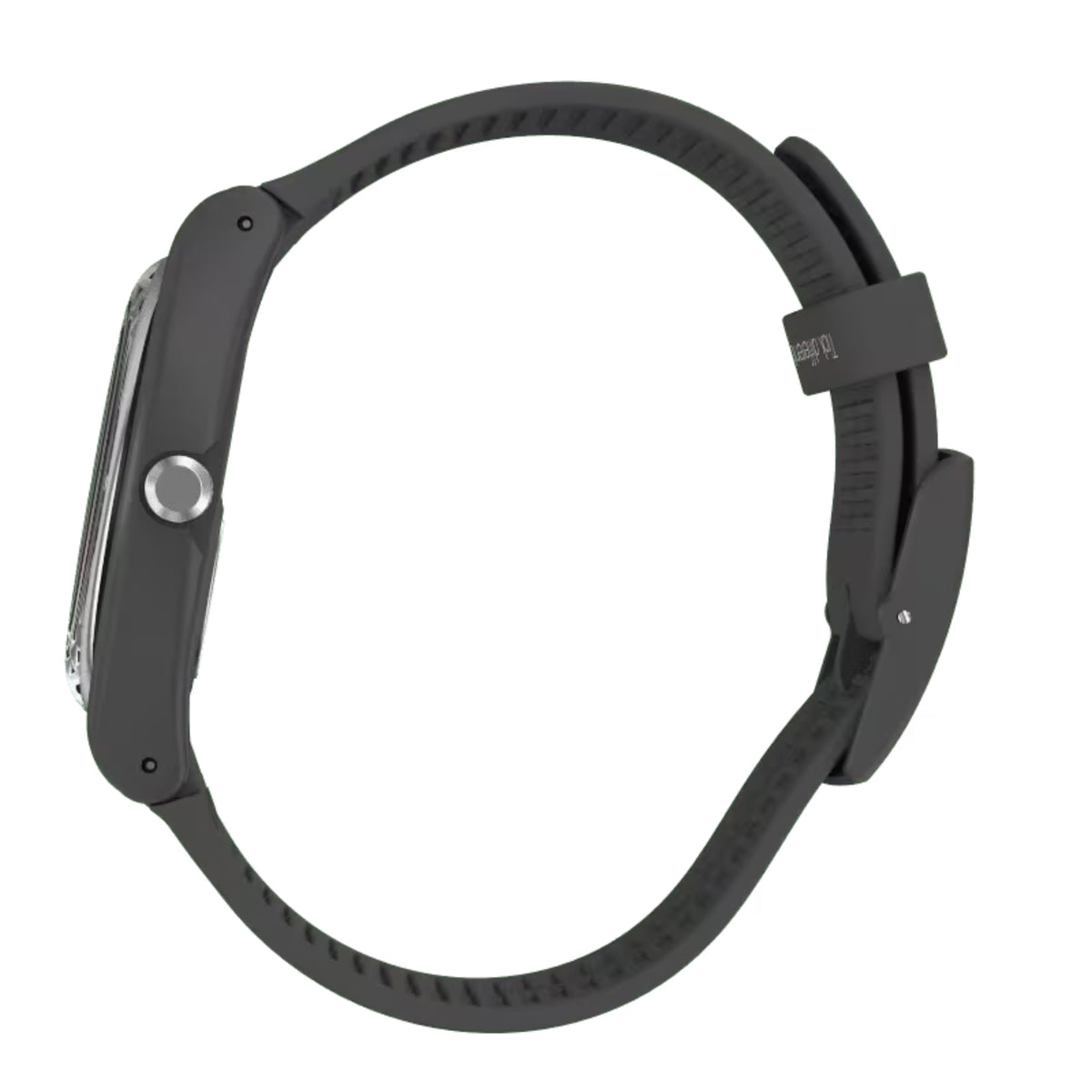 Side view of black silicone watch case with ridged crown and textured strap