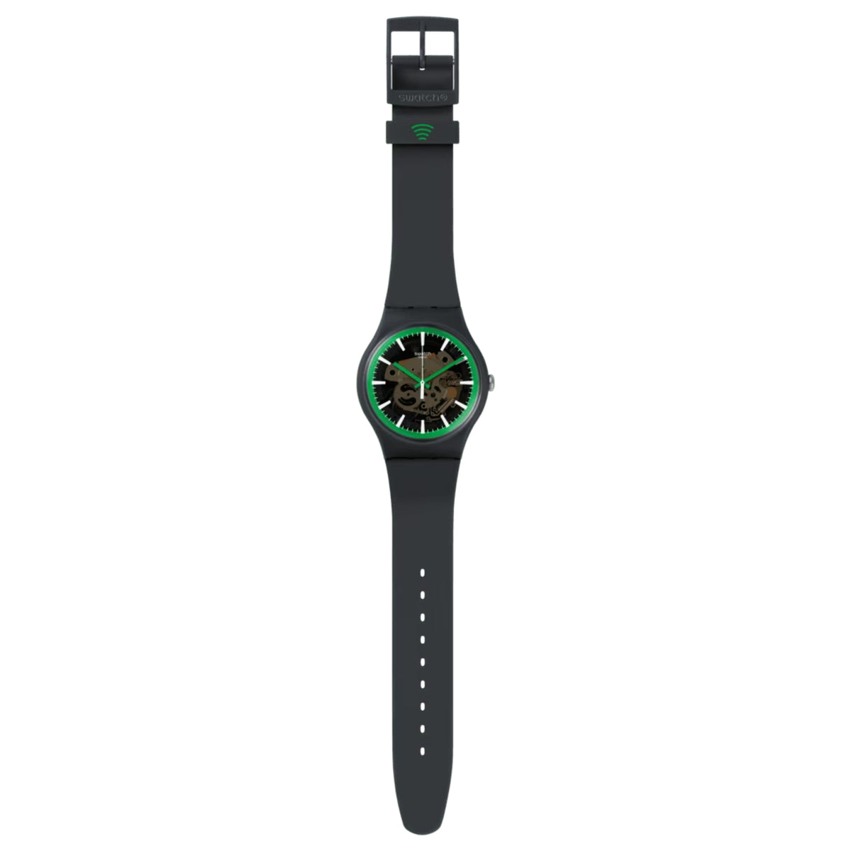 Black silicone strap watch with small round case and skeleton dial with green accents