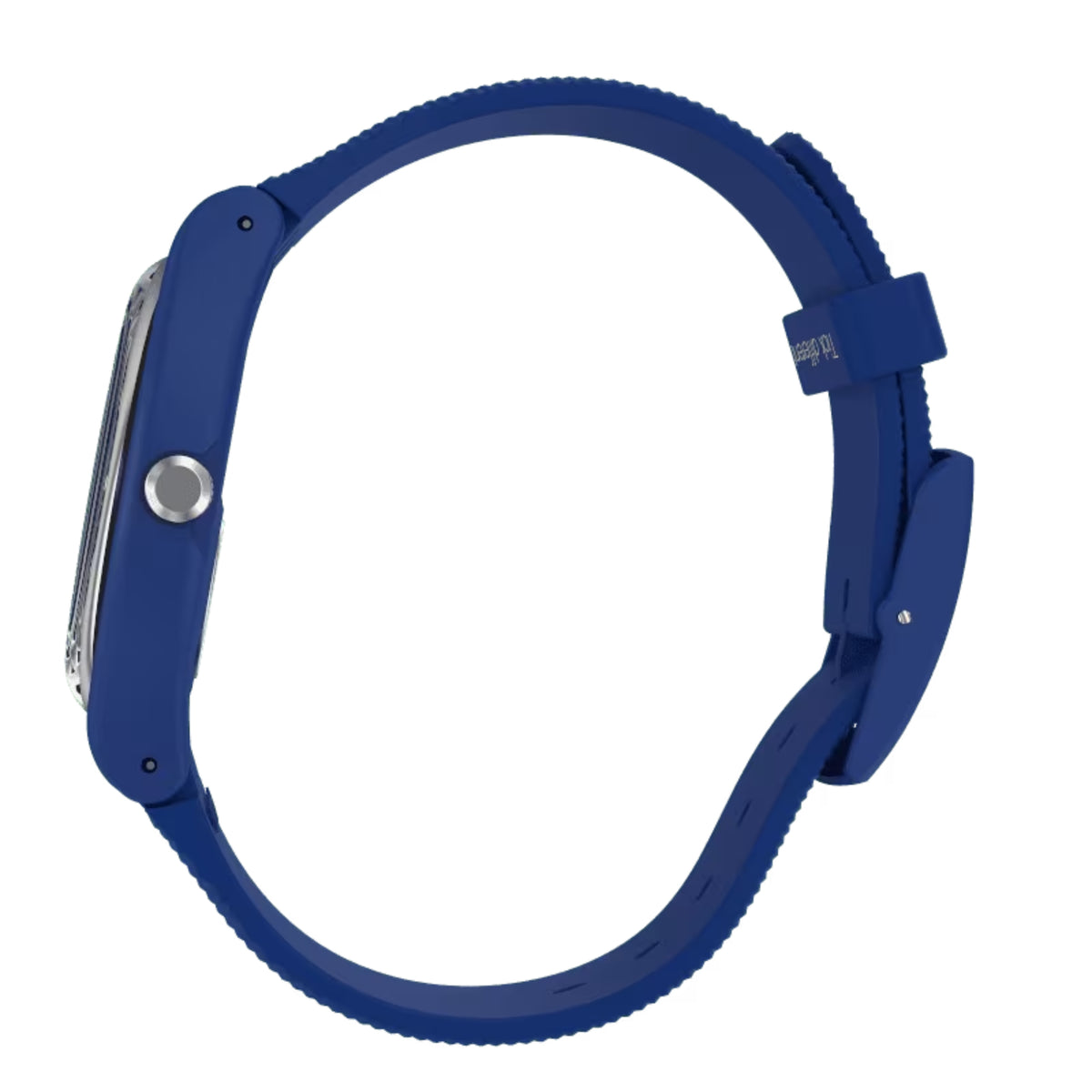 Blue Swatch quartz watch with silicone strap, reverse side view