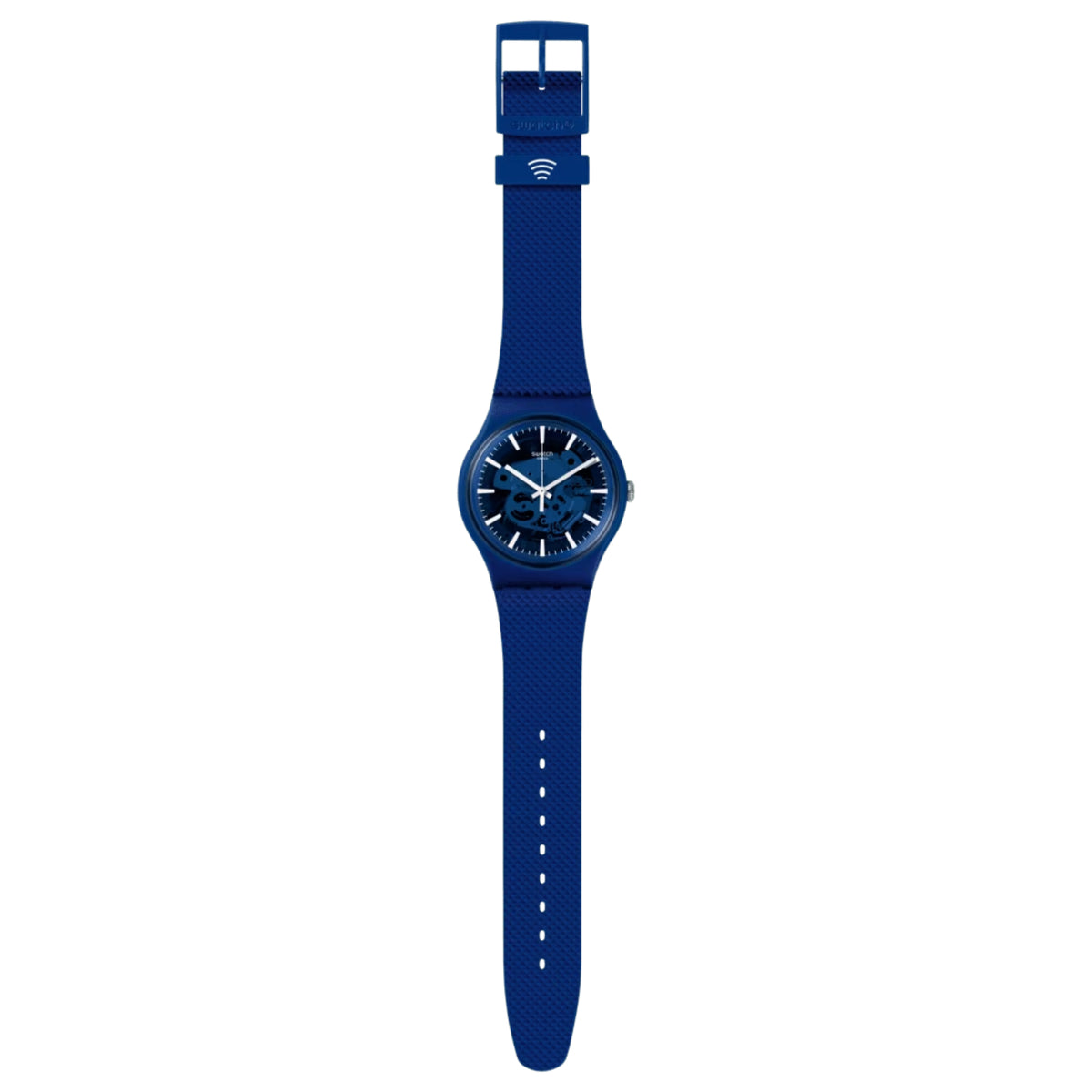 Blue Swatch quartz watch with silicone strap, full length side view