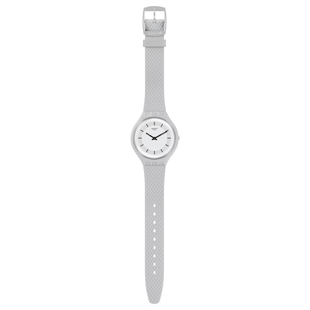 Grey Swatch men’s watch with long silicone strap and white dial, black hands.